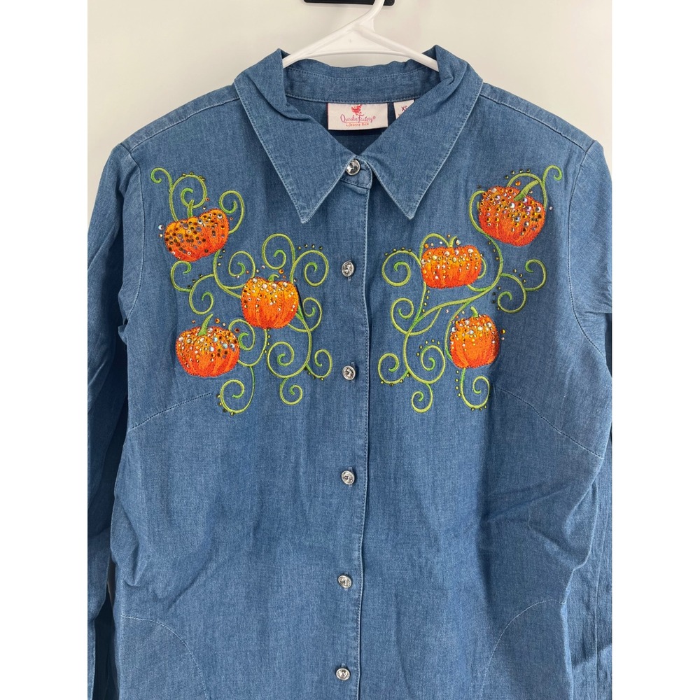 NWT Quacker Factory XS Denim Shirt Fall Pumpkin Embroidered Rhinestones Pockets